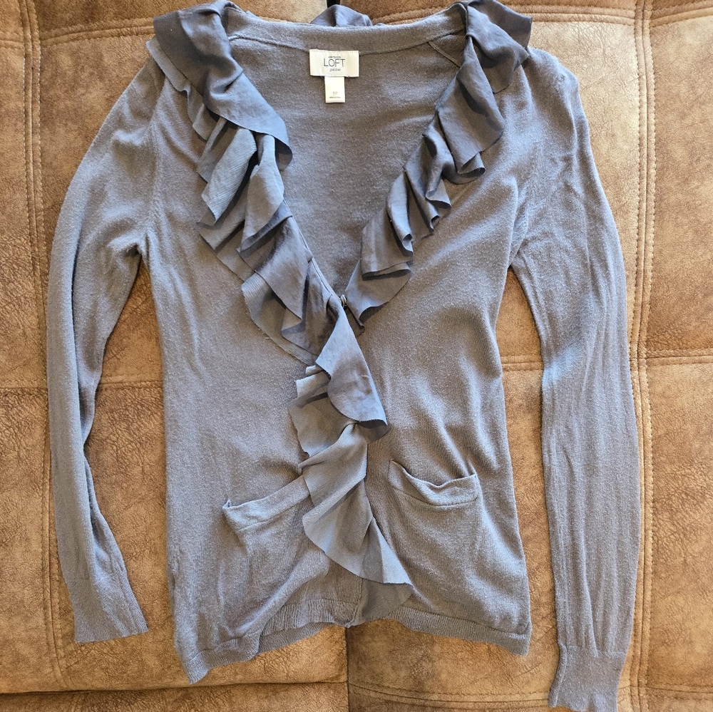 Loft Ruffle Gray Cardigan